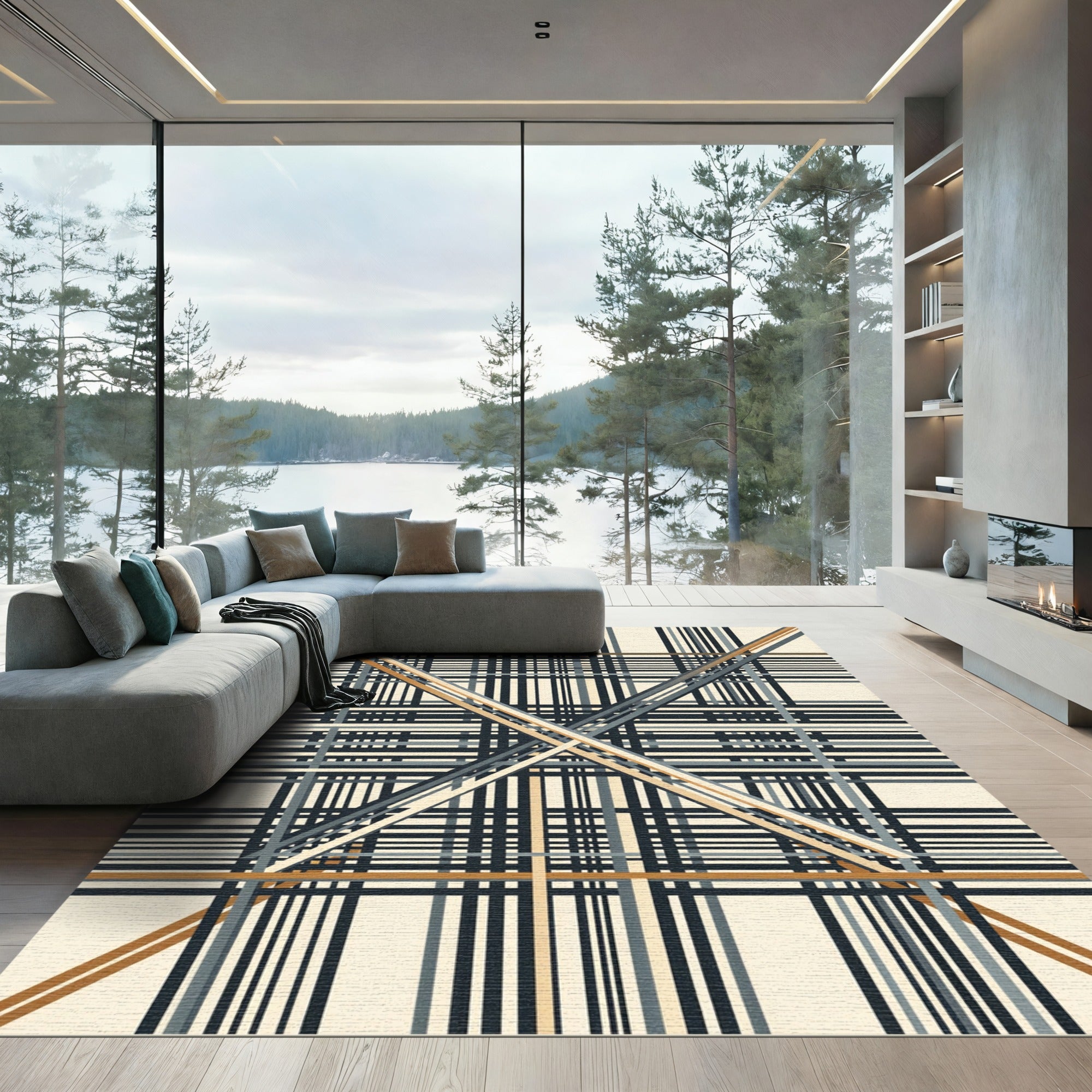 Contemporary Neutral Plaid Grid Lines Rug