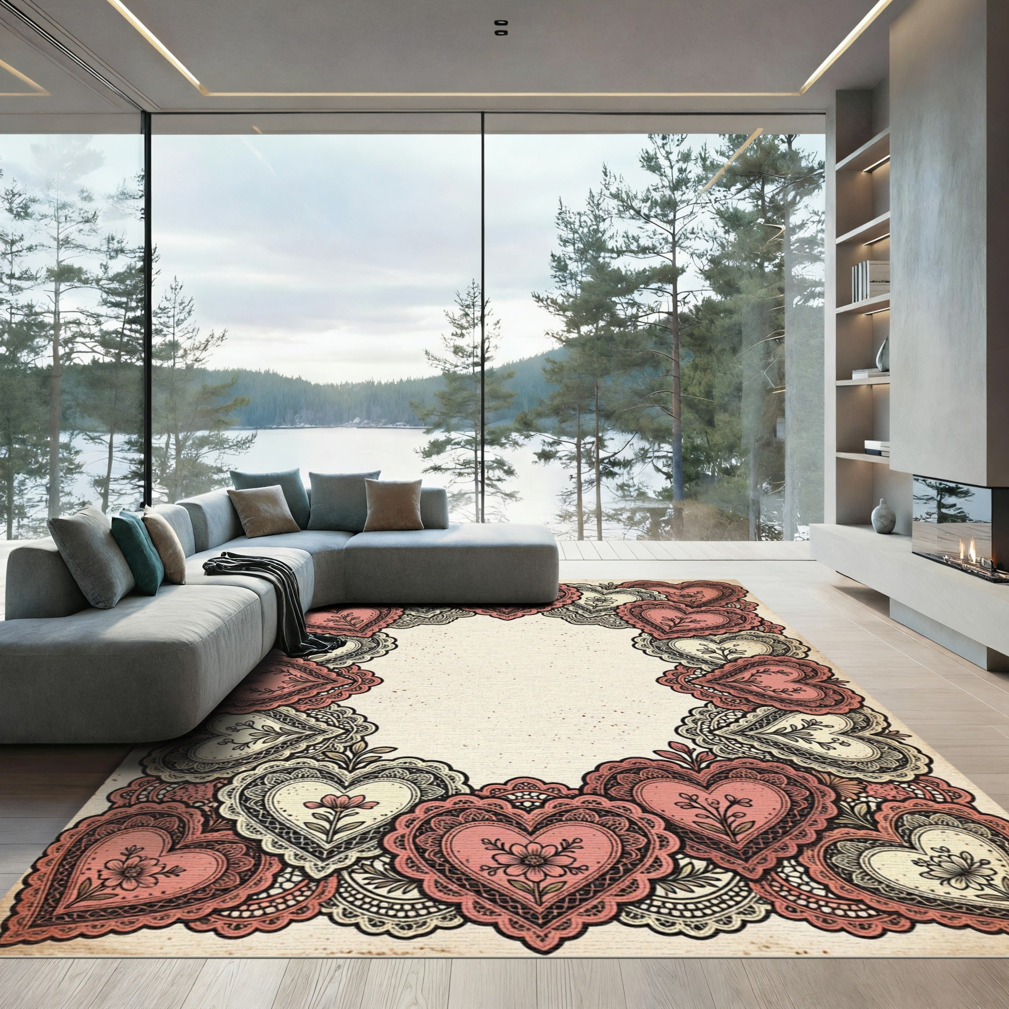 Vintage Coral Heart Lace Border Rug