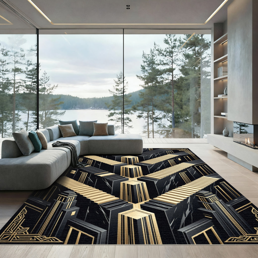 Art Deco Black Gold Geometric Staircase Rug