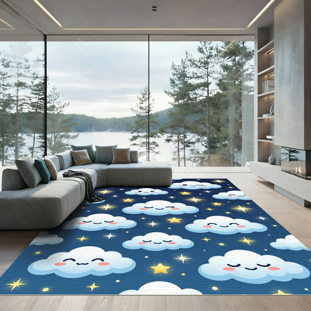 Whimsical Navy Celestial Cloud Starry Sky Rug