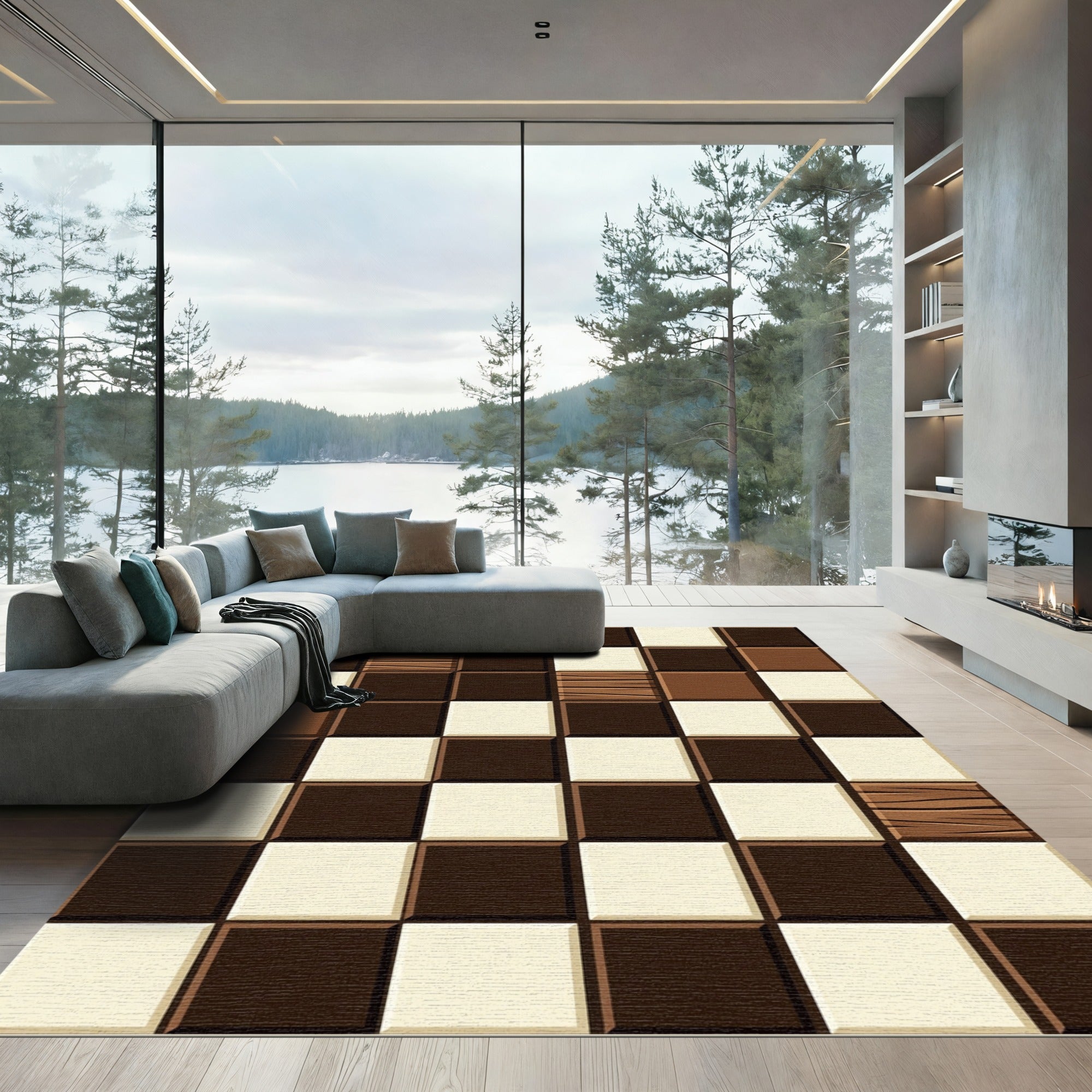 Chocolate Brown Cream Squares Texture Rug