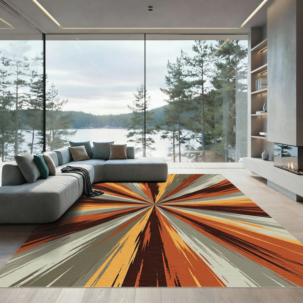 Abstract Radial Burst Orange Gray Rug