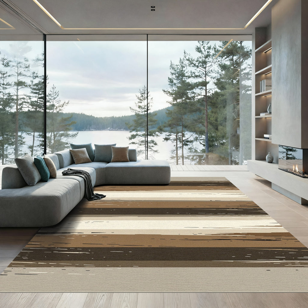 Earthy Brown Abstract Horizontal Striped Rug