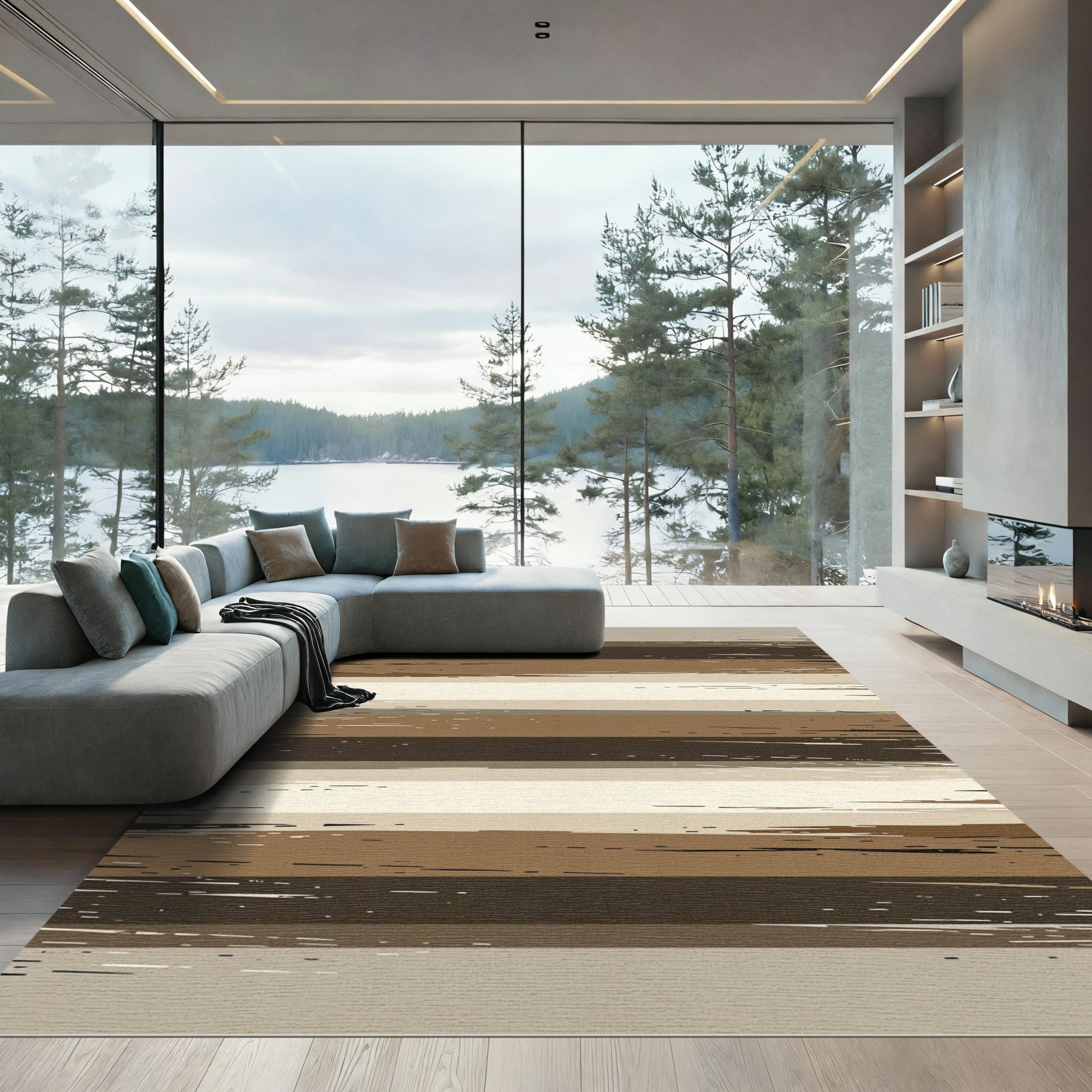 Earthy Brown Abstract Horizontal Striped Rug