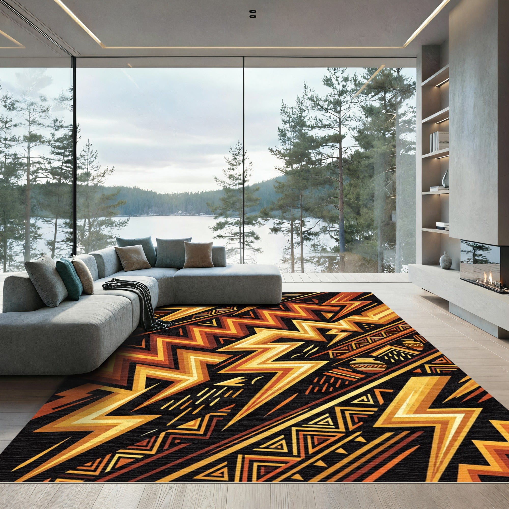 Gold Geometric Zigzag Tribal Lightning Rug