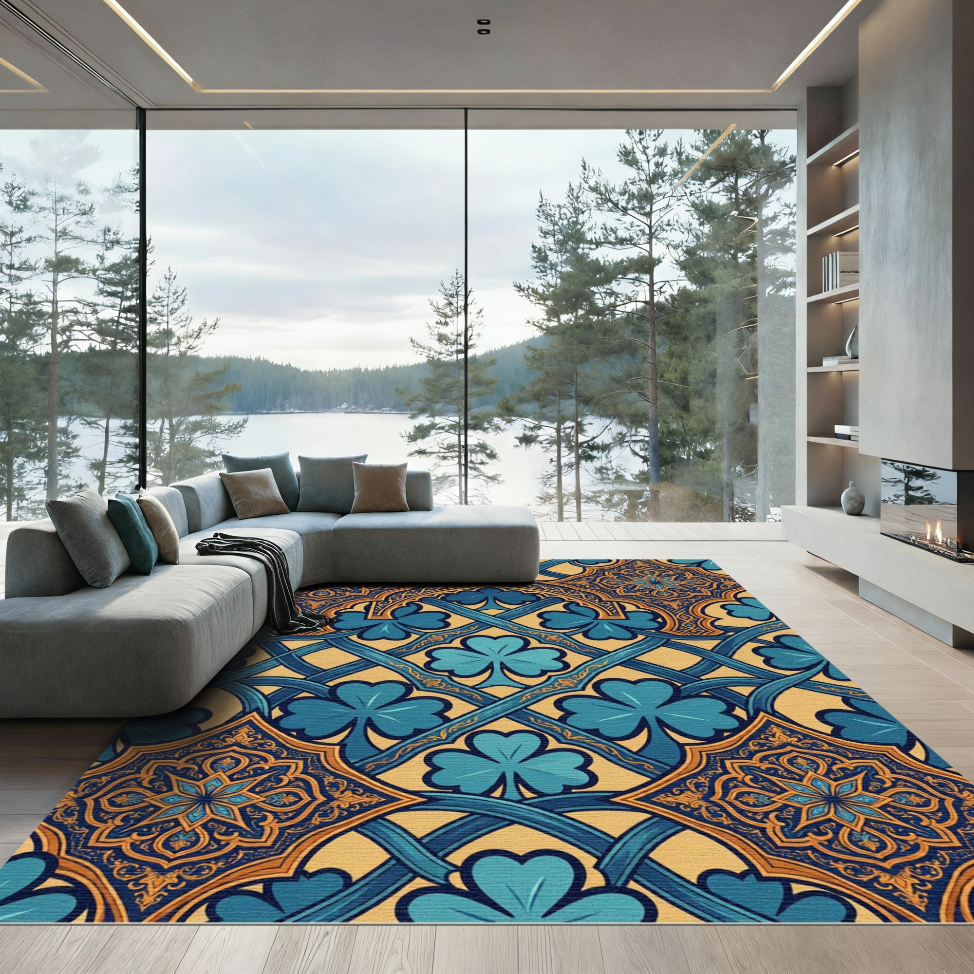 Ornate Gold Blue Clover Trefoil Interlace Rug