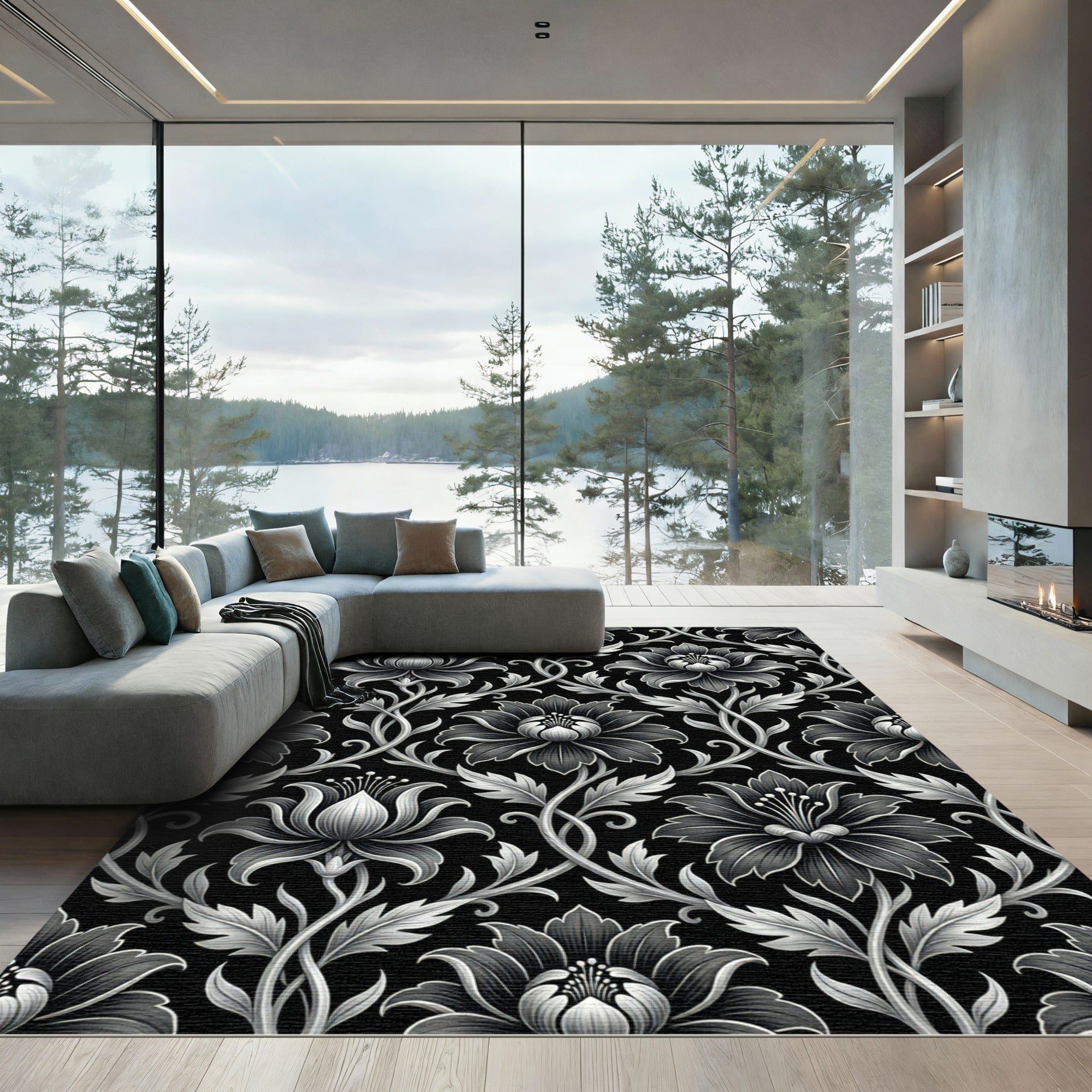 Elegant Monochrome Floral Scroll Jacquard Rug