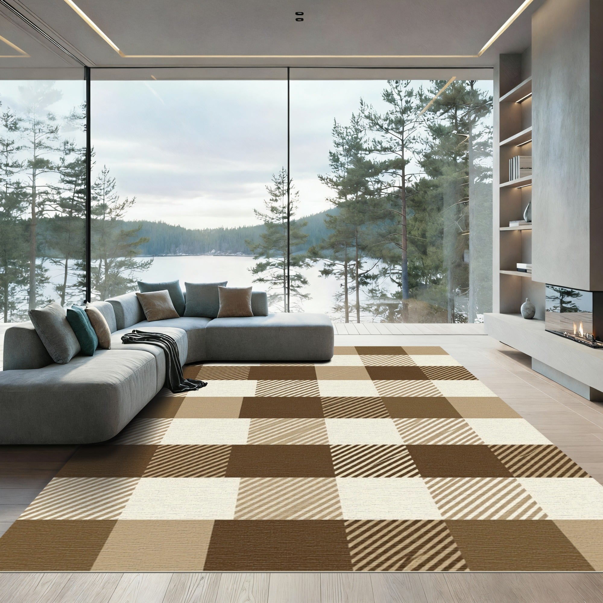 Classic Earthy Brown Plaid Checkered Rug