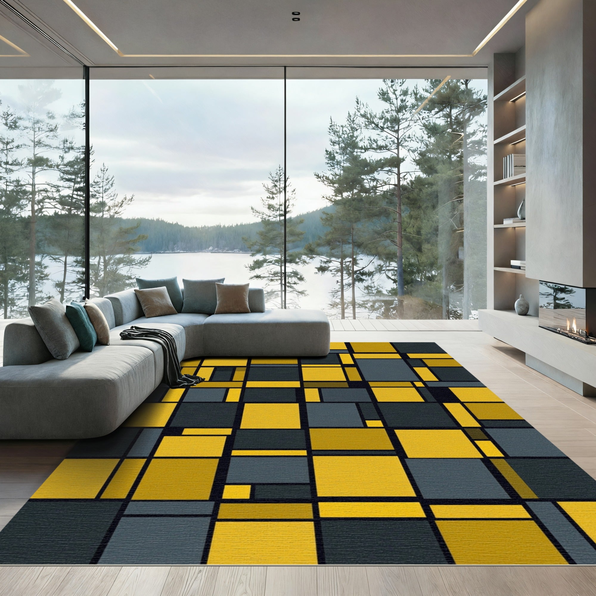 Modern Yellow Charcoal Geometric Blocks Rug
