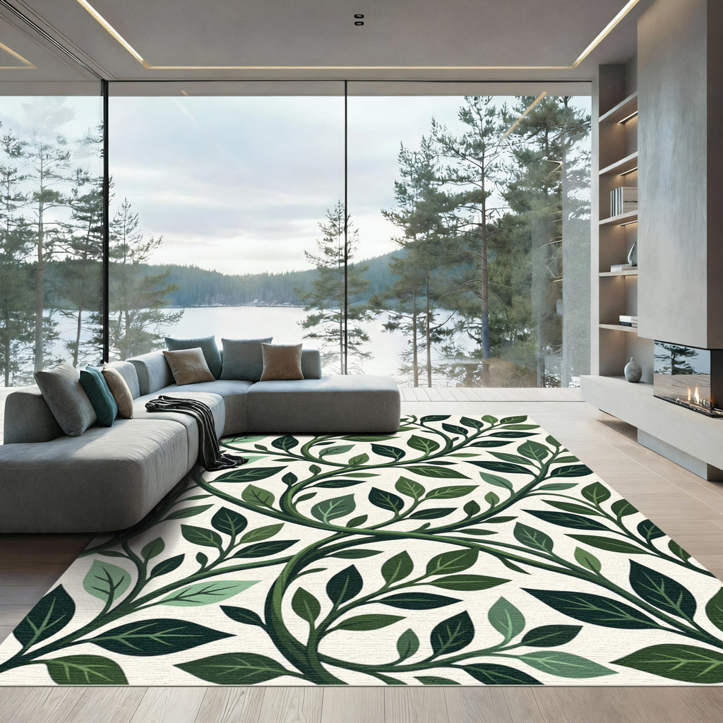 Verdant Green Vine Leaf Swirl Rug