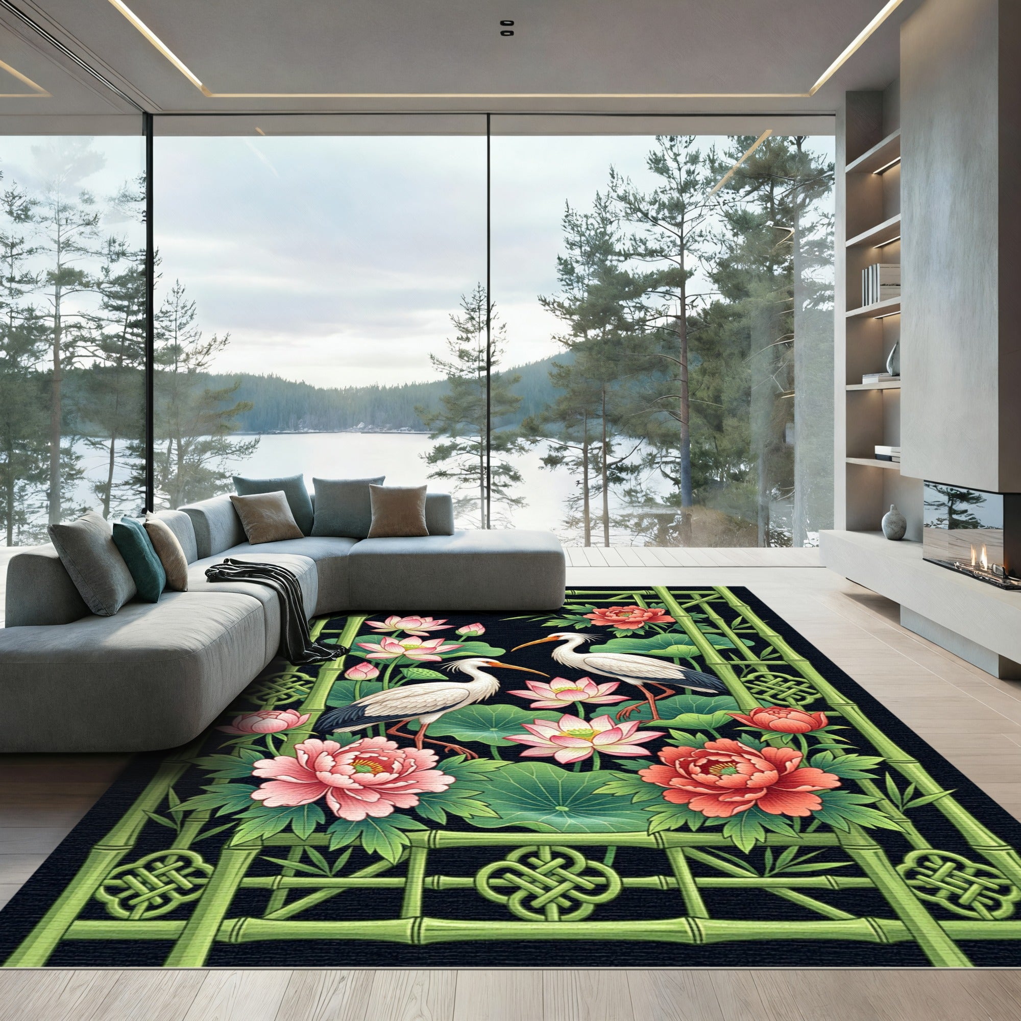 Crane Lotus Peony Bamboo Zen Art Rug