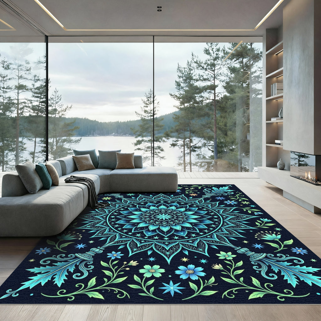 Teal Blue Floral Mandala Art Rug
