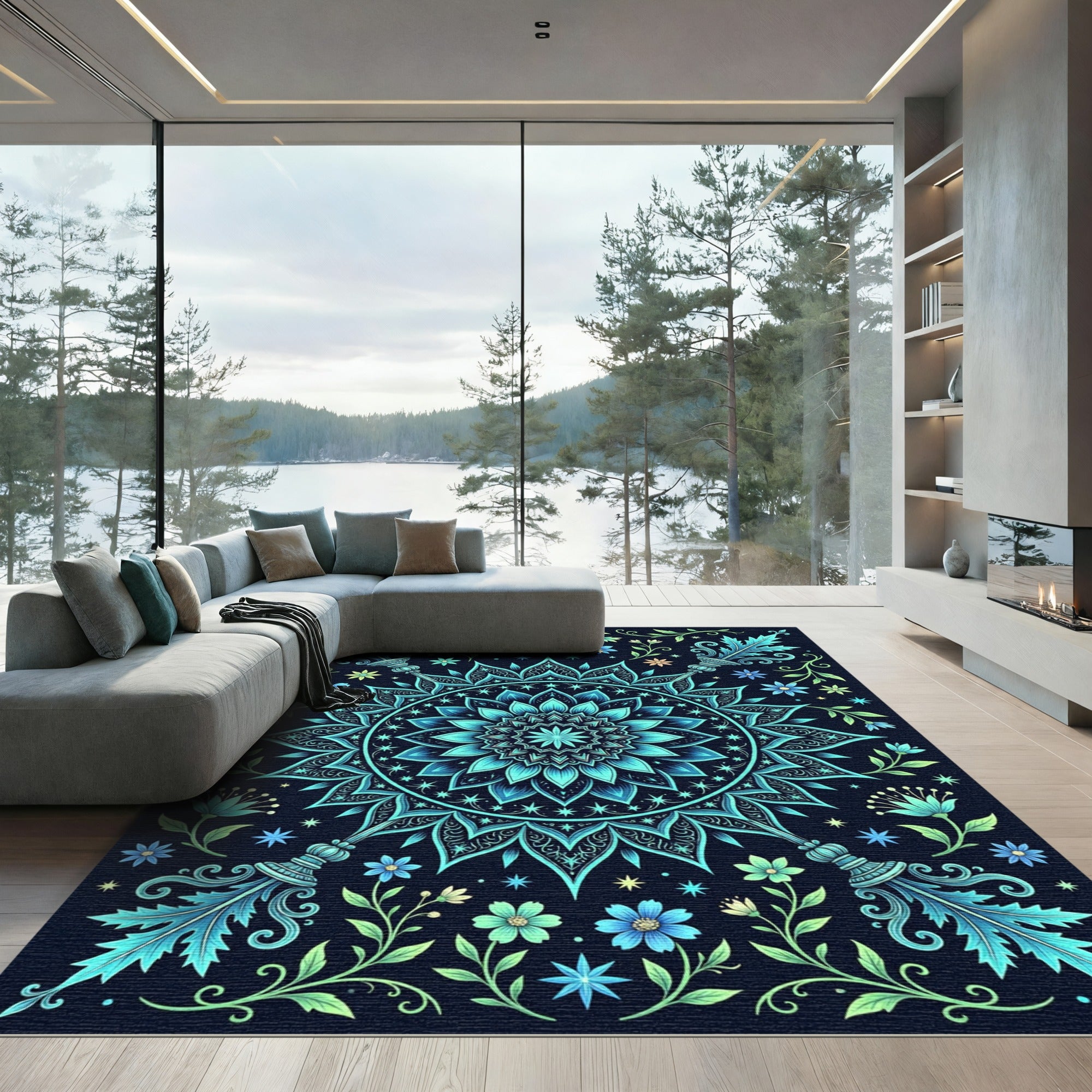 Teal Blue Floral Mandala Art Rug
