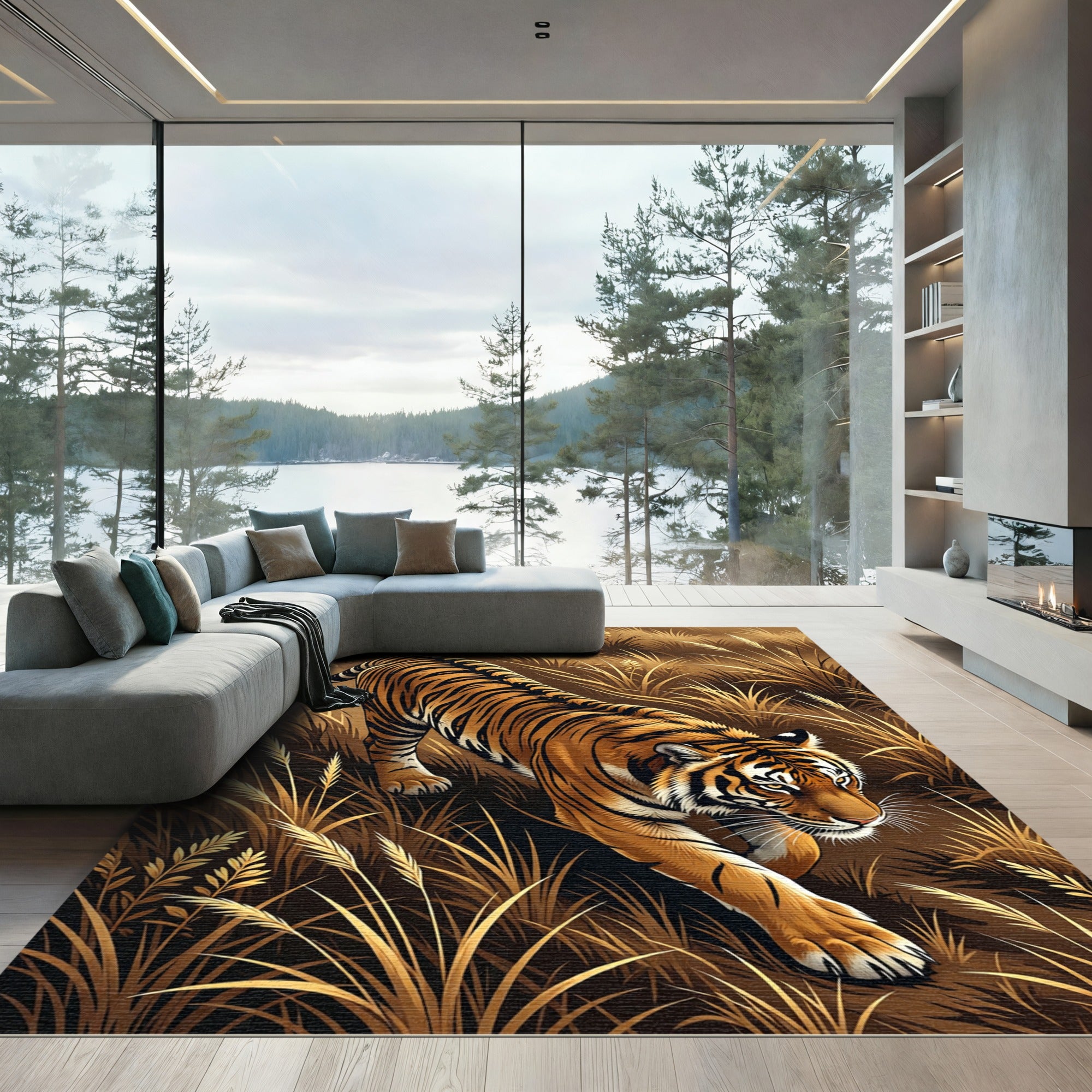 Golden Tiger Amidst Tall Grass Rug