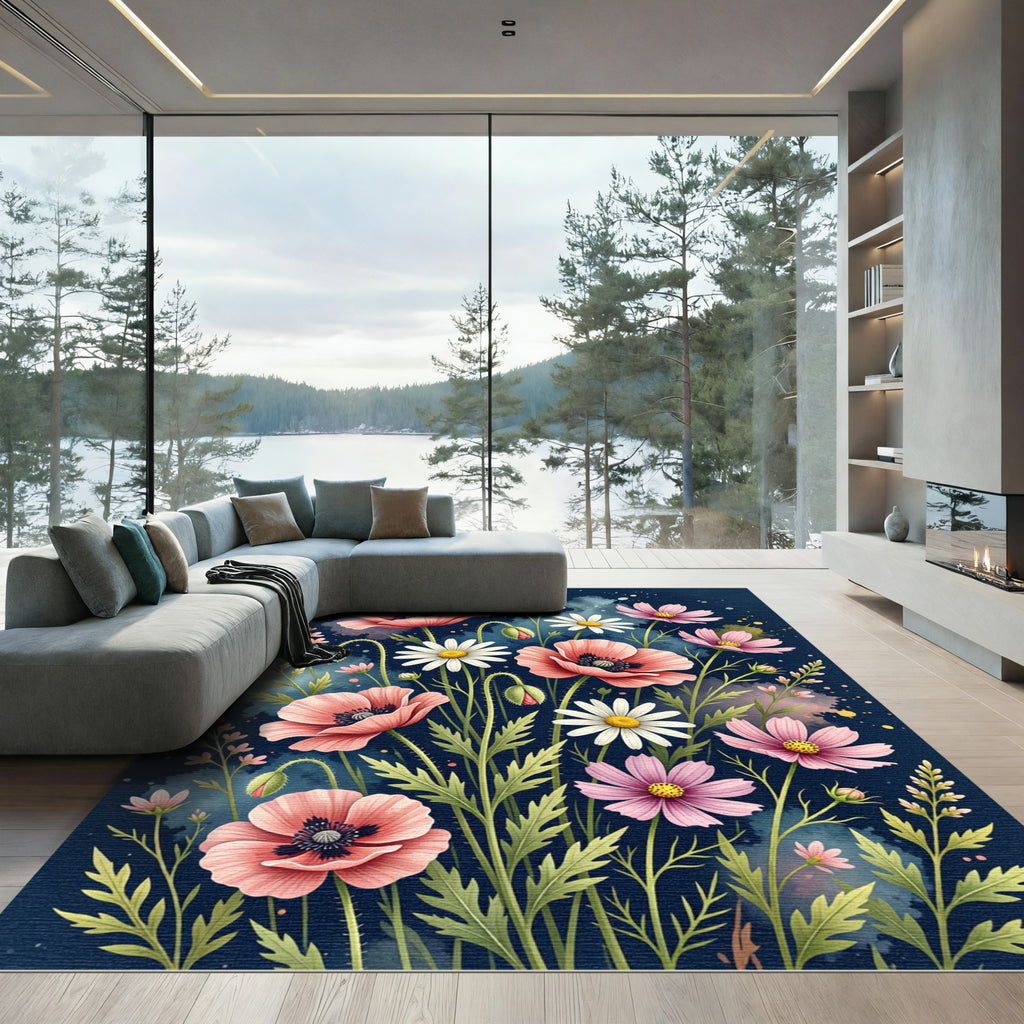 Midnight Watercolor Poppies and Daisies Meadow Rug
