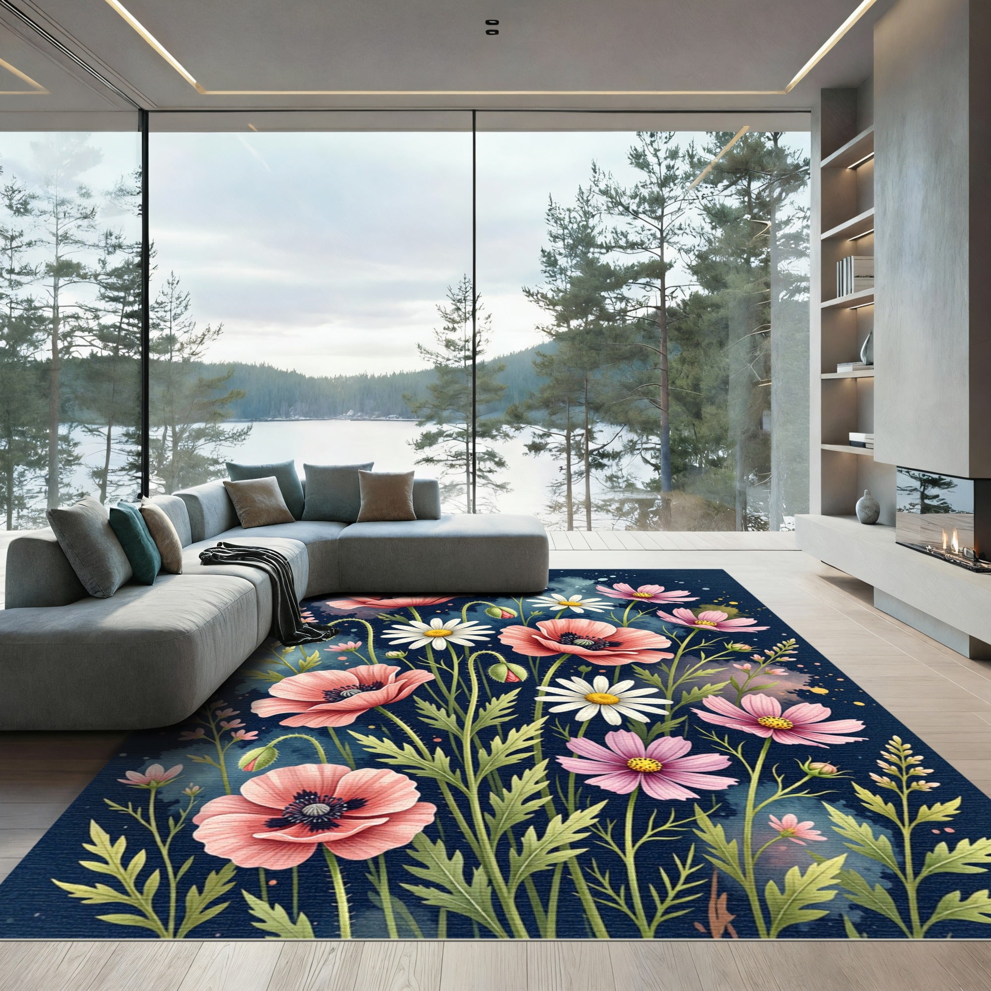 Midnight Watercolor Poppies and Daisies Meadow Rug