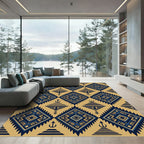 Navy Blue Gold Geometric Tribal Diamond Rug