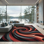 Modern Crimson and Slate Abstract Swirl Rug