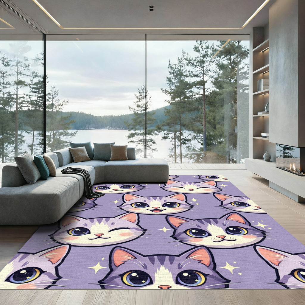Cute Lavender Cat Face Whimsy Rug