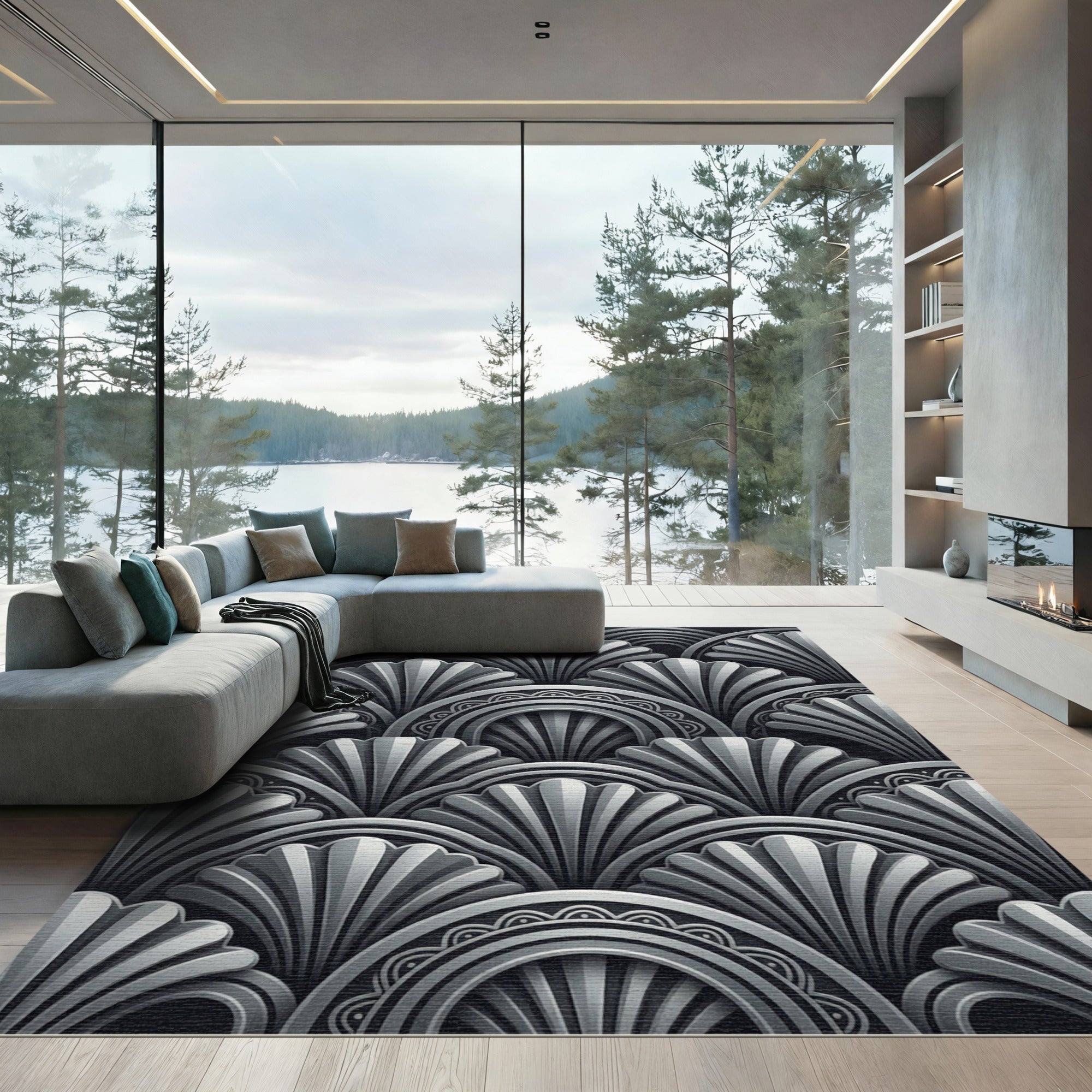 Sophisticated Silver Art Deco Fan Rug