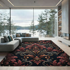 Ornate Crimson Gold Scrolls Damask Rug