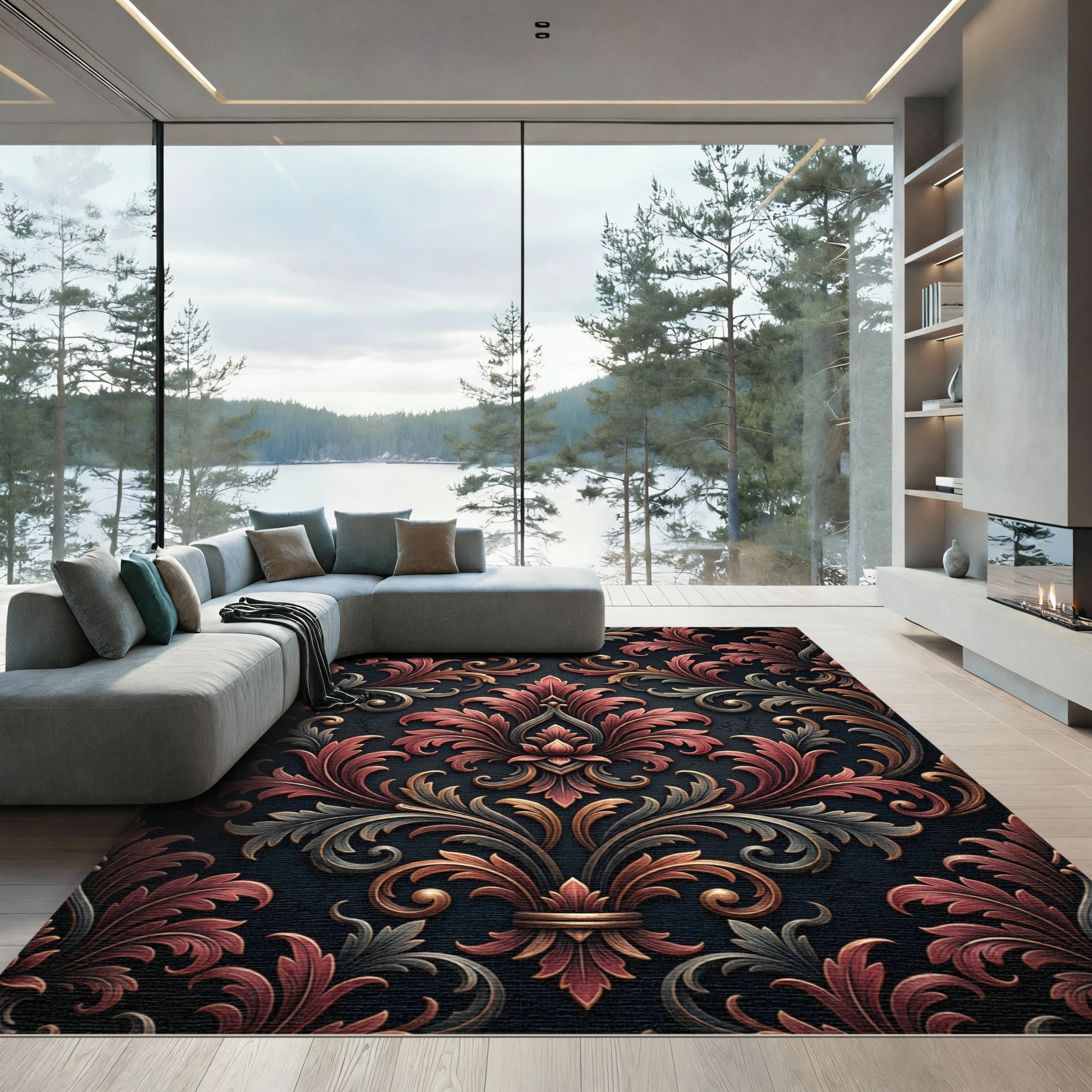 Ornate Crimson Gold Scrolls Damask Rug