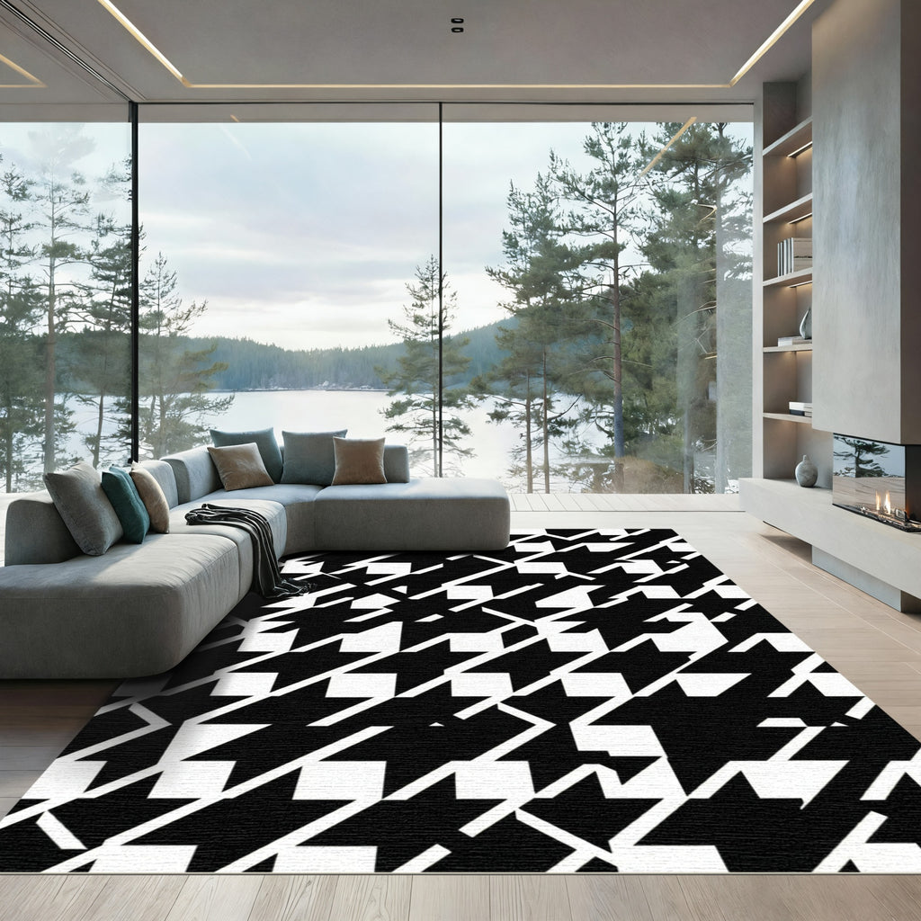 Bold Black and White Houndstooth Grid Rug