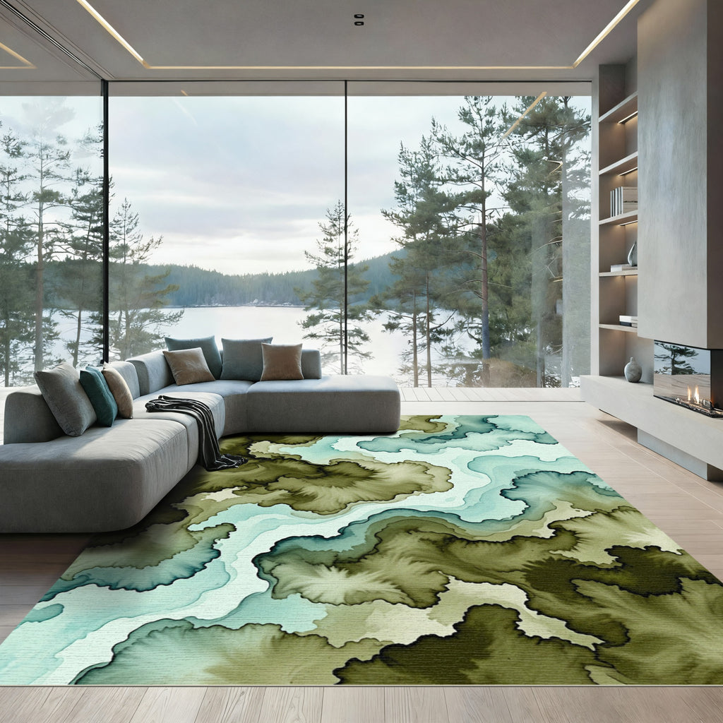 Modern Olive Forest Abstract River Rug