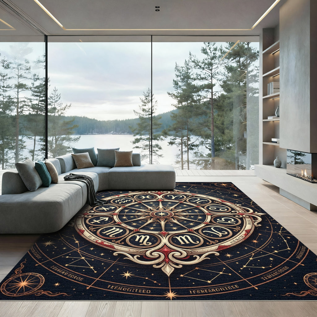 Celestial Zodiac Gold Compass Circular Art Rug
