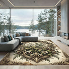 Elegant Cream Botanical Scroll Floral Art Rug