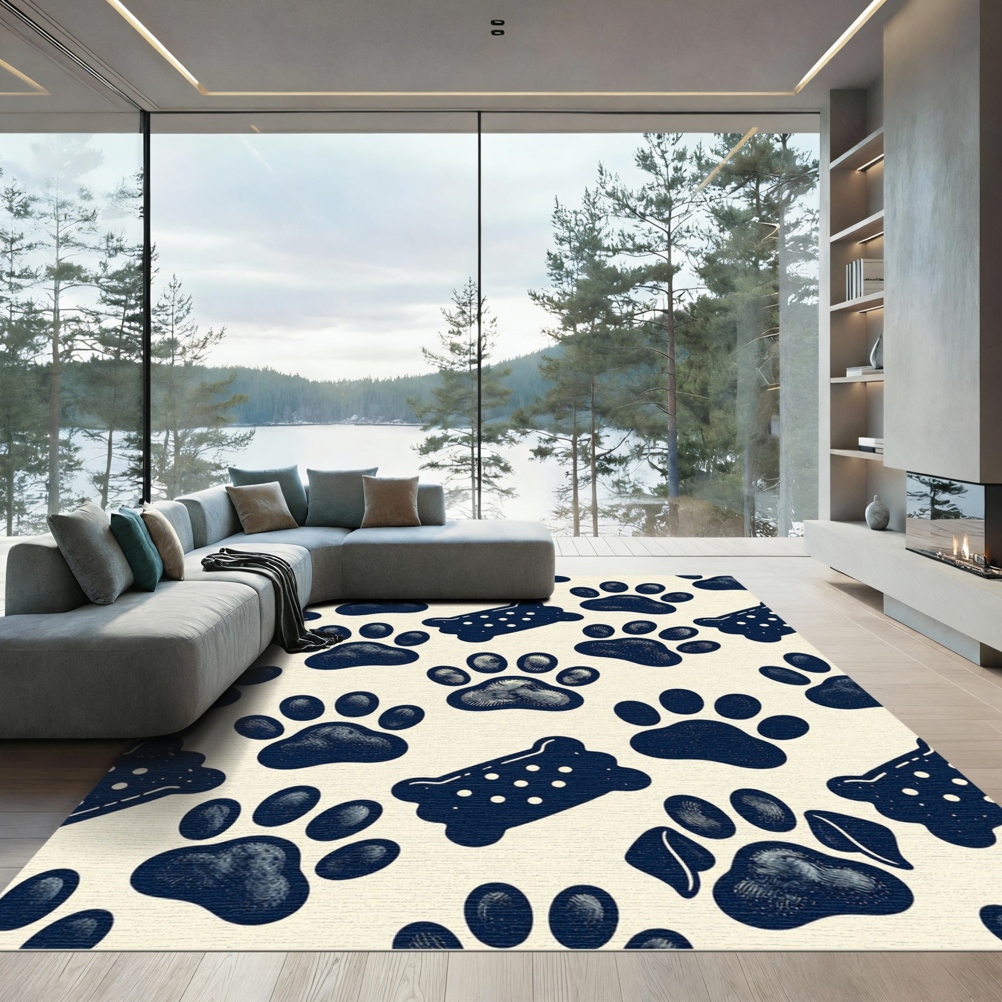 Navy Blue Paw and Treat Illustration Rug