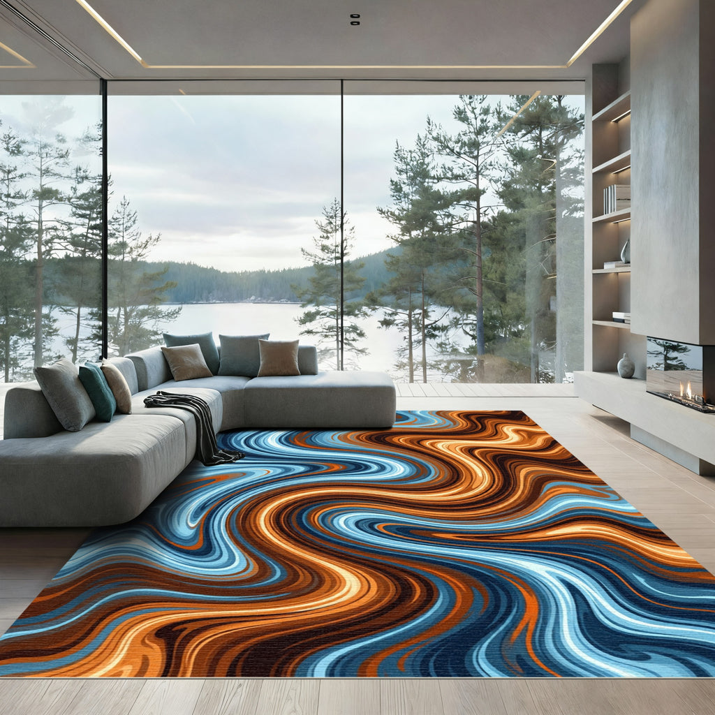 Swirling Copper and Blue Abstract Wave Rug
