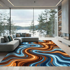 Swirling Copper and Blue Abstract Wave Rug