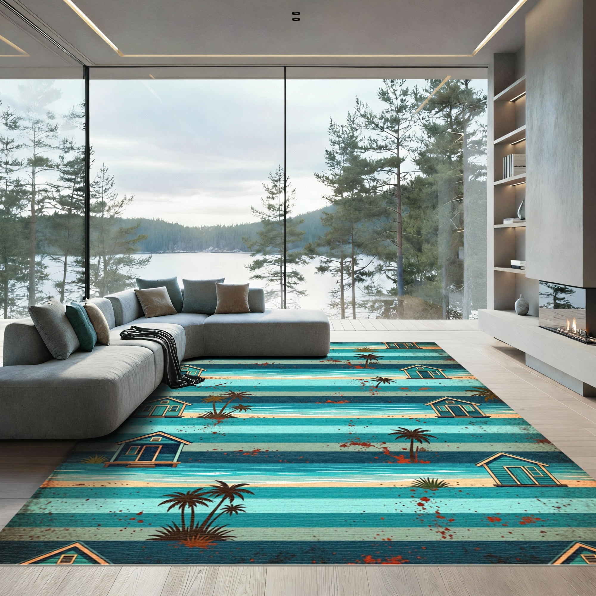 Coastal Beach Hut Striped Ocean Rug