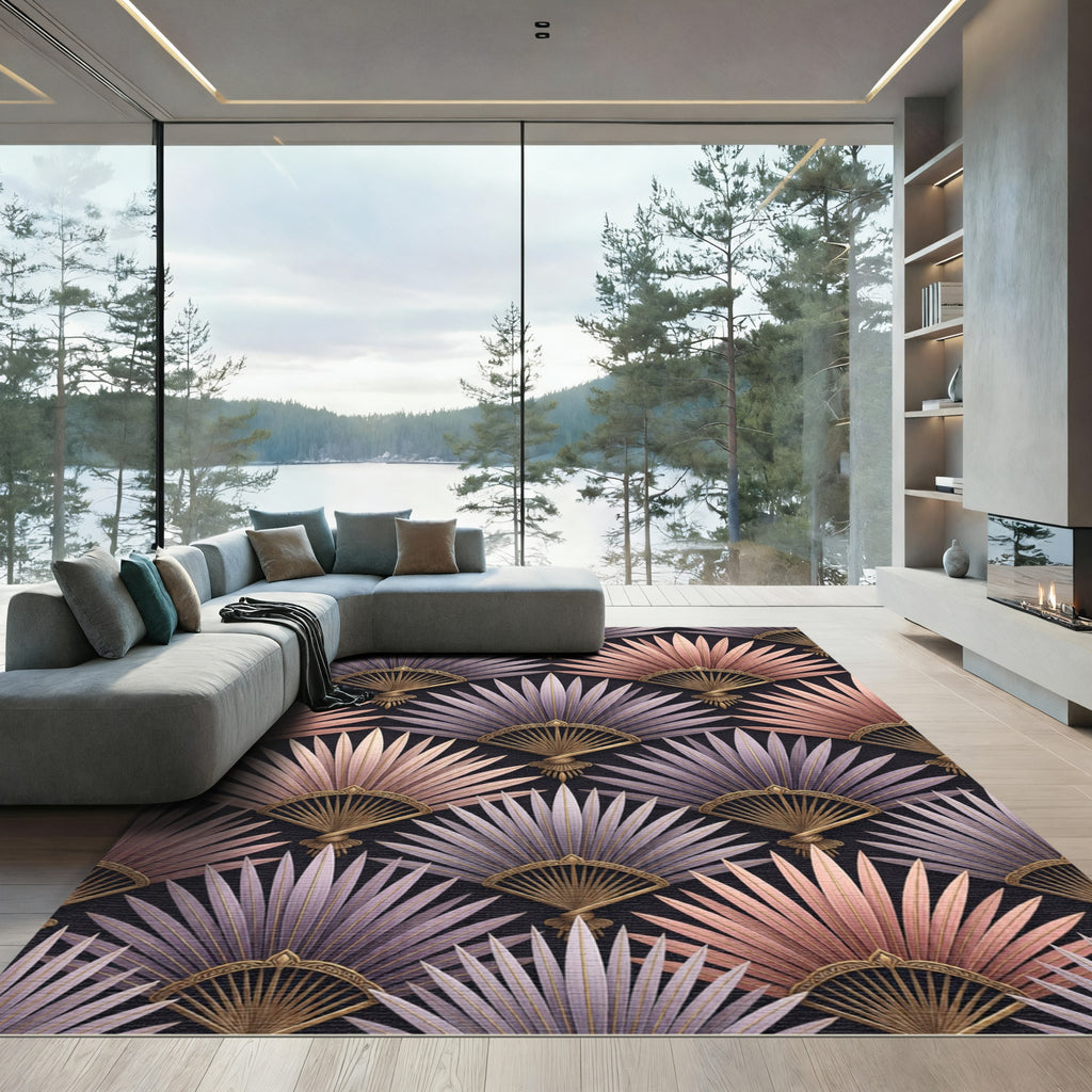 Rose Gold Purple Fan Medallion Tile Rug