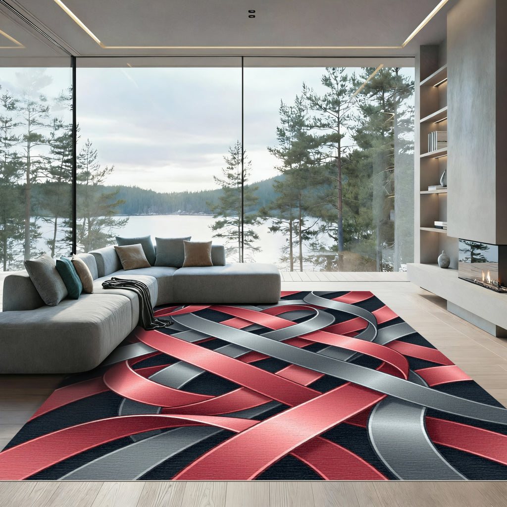 Modern Metallic Ribbon Interwoven Swirls Rug