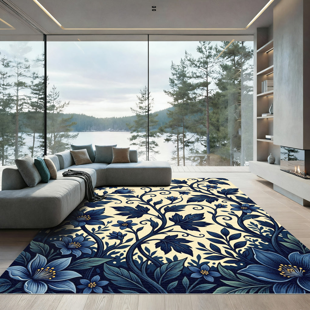 Midnight Blue Floral Vine Scroll Rug