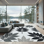Minimalist Monochrome Botanical Leaf Arrangement Rug