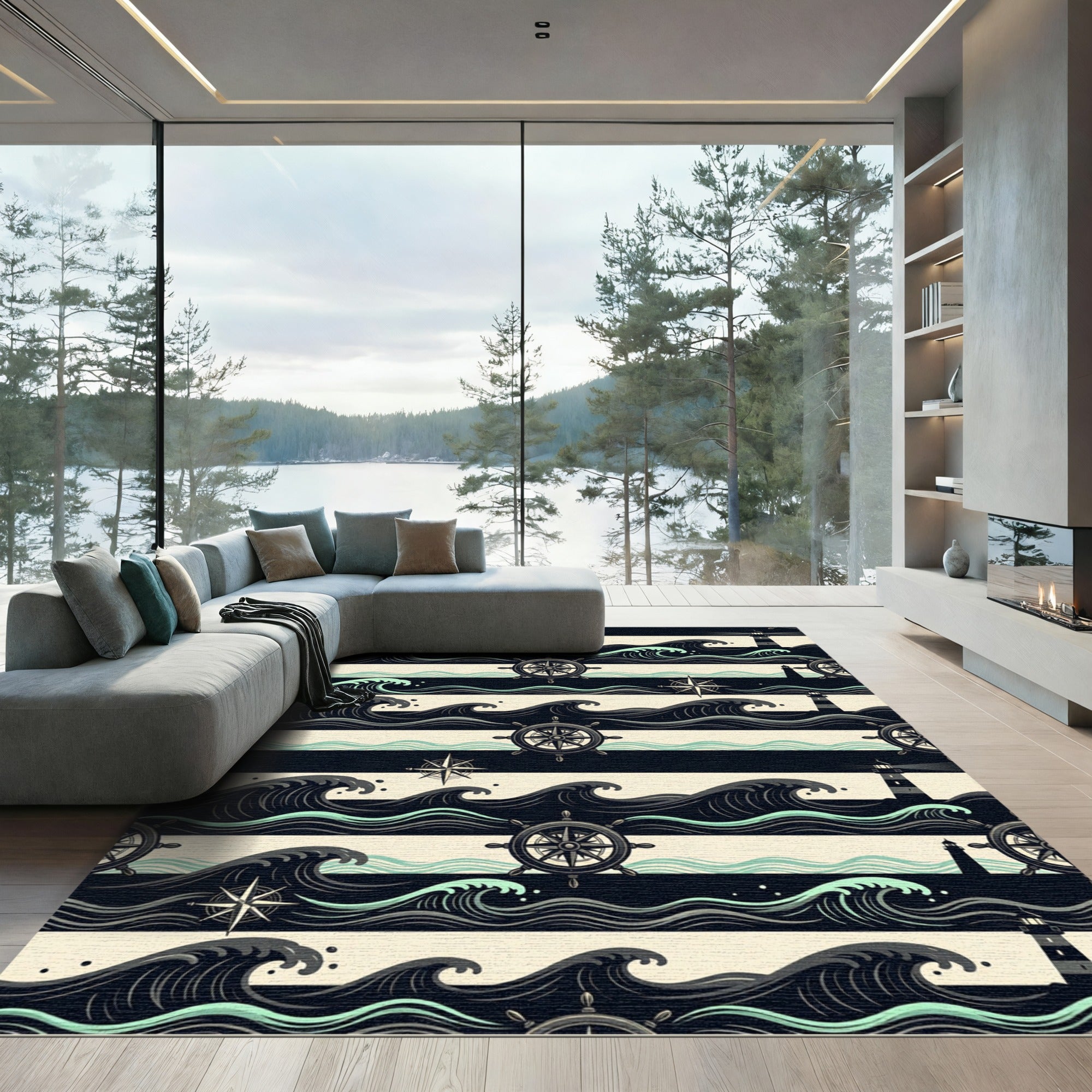 Nautical Black and Cream Wave Compass Rug