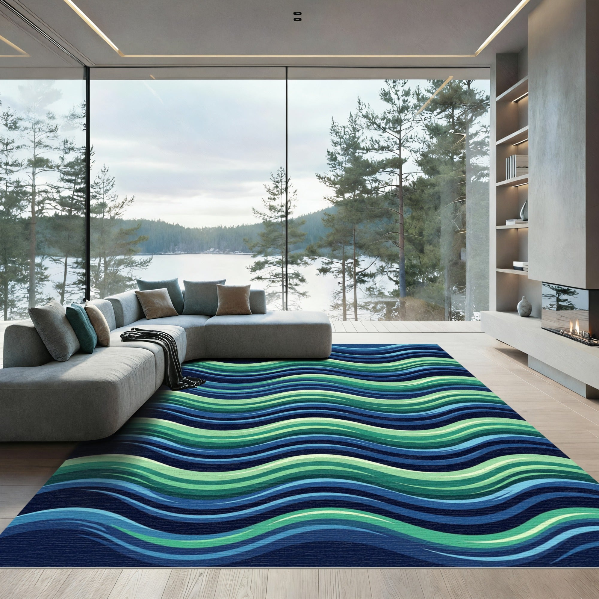 Modern Blue and Green Wavy Lines Rug