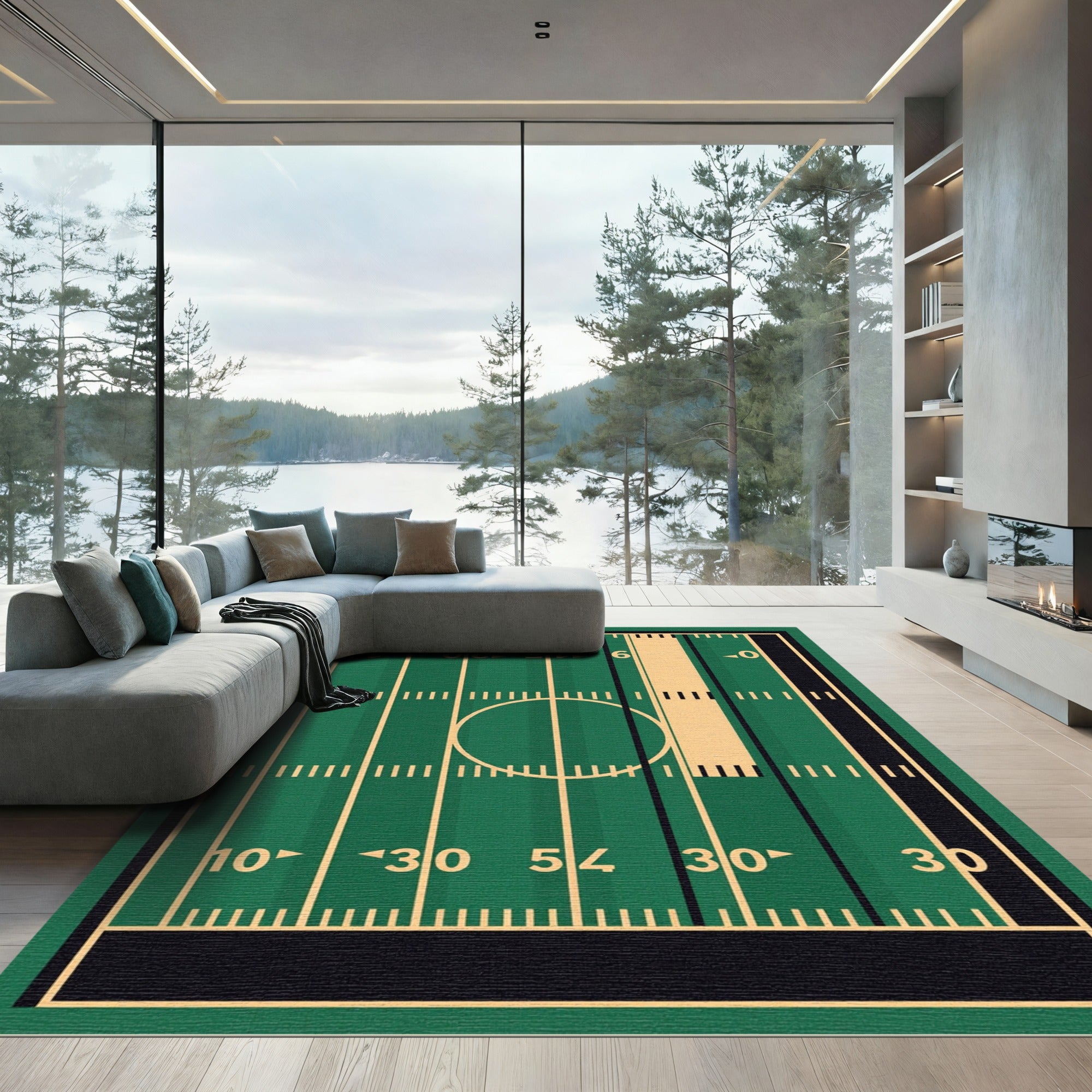 Green Field Football Line Art Rug