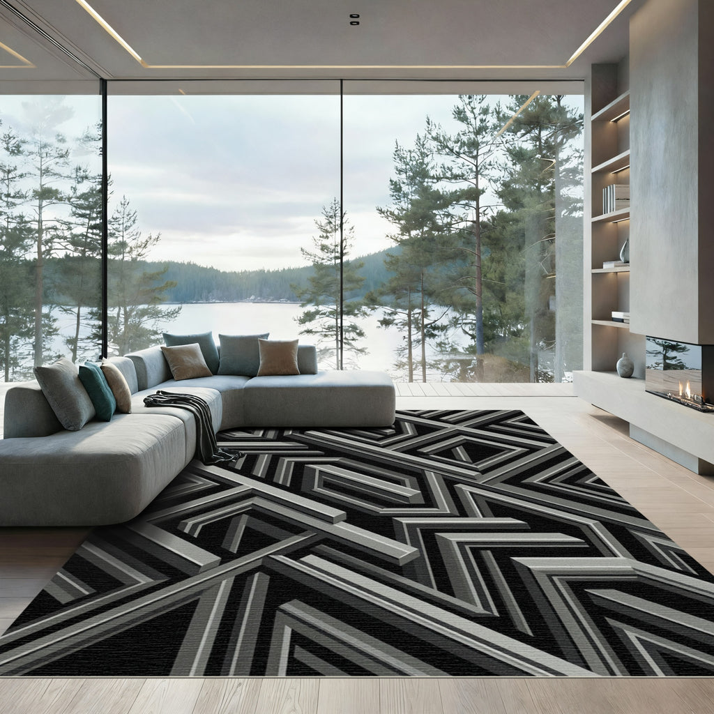 Gray Silver Geometric Maze Art Rug