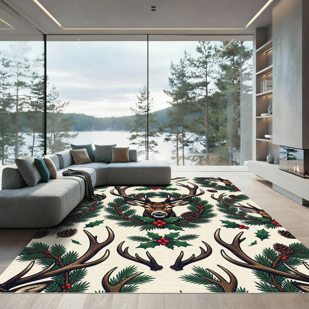 Festive Woodland Deer and Holly Holiday Rug
