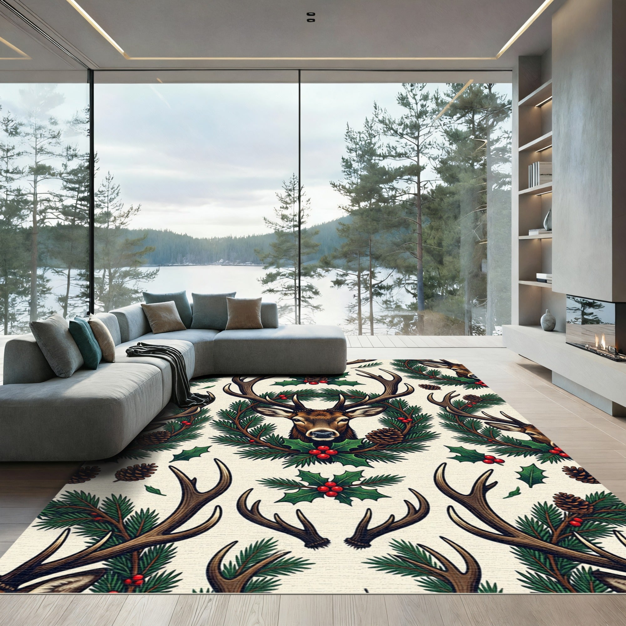 Festive Woodland Deer and Holly Holiday Rug