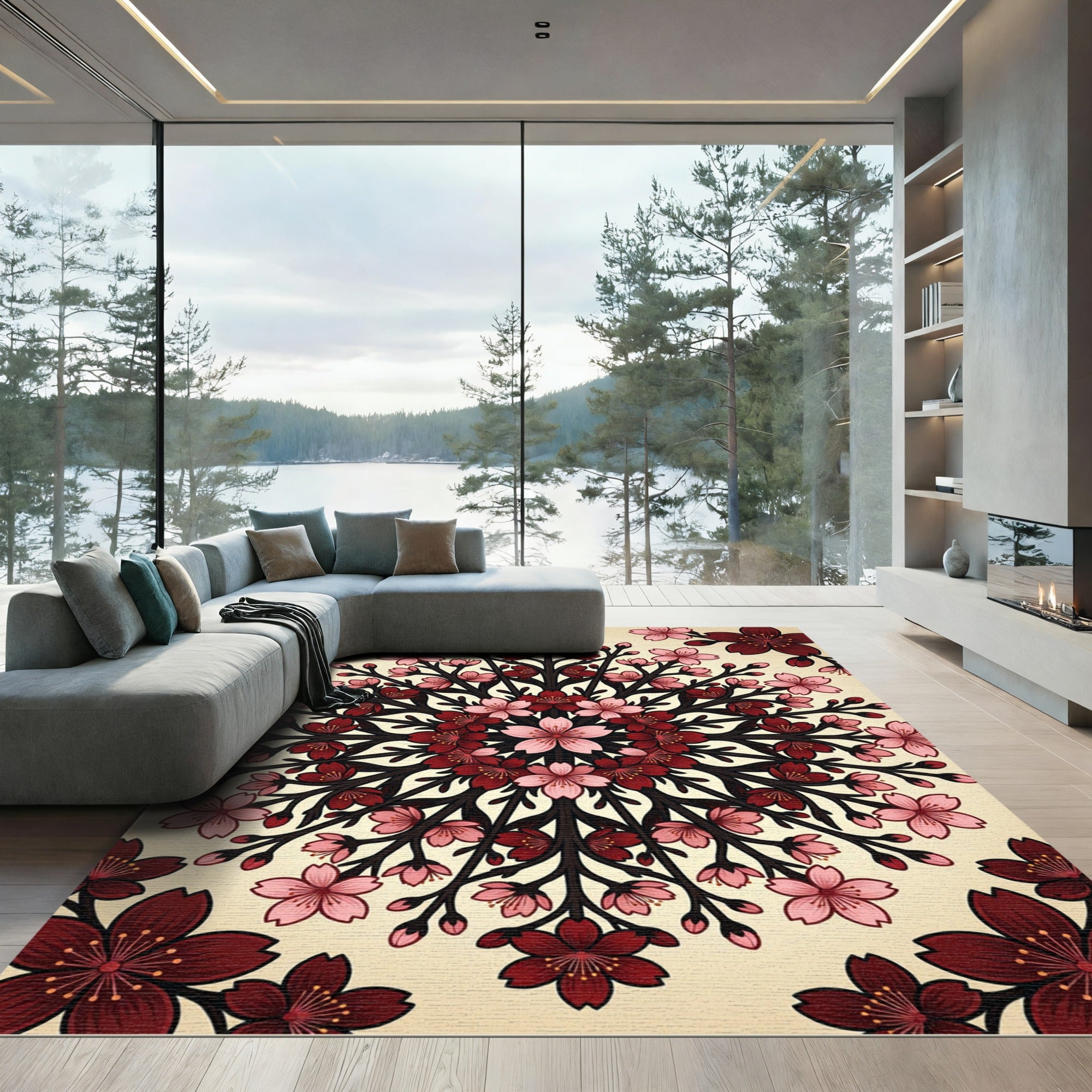 Crimson Pink Blossom Radial Medallion Rug