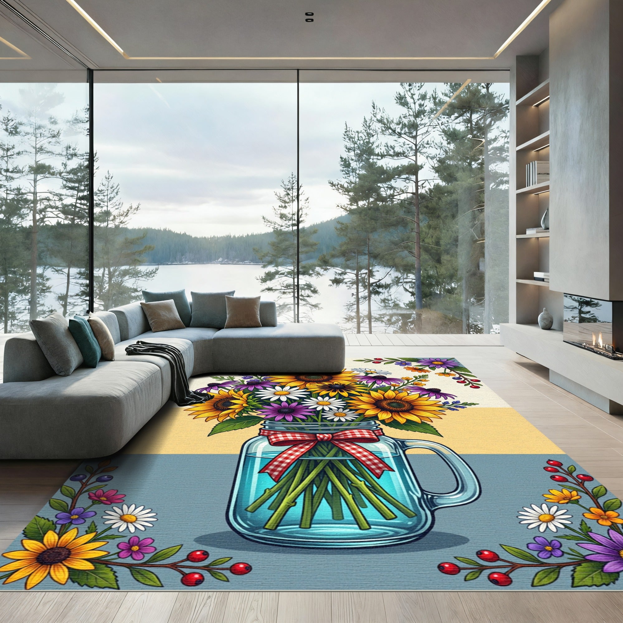 Vibrant Sunflower Bouquet Mason Jar Art Rug