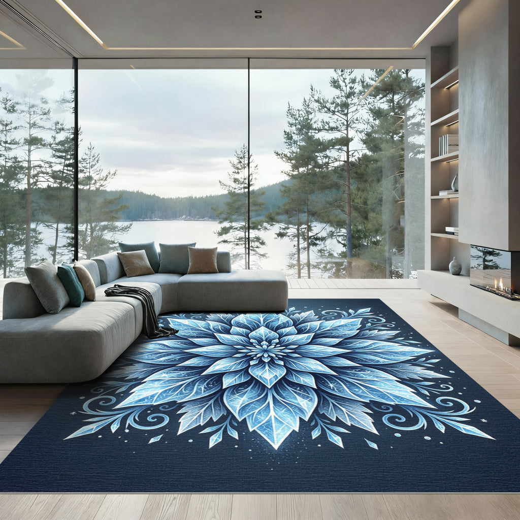 Icy Blue Crystal Floral Mandala Rug