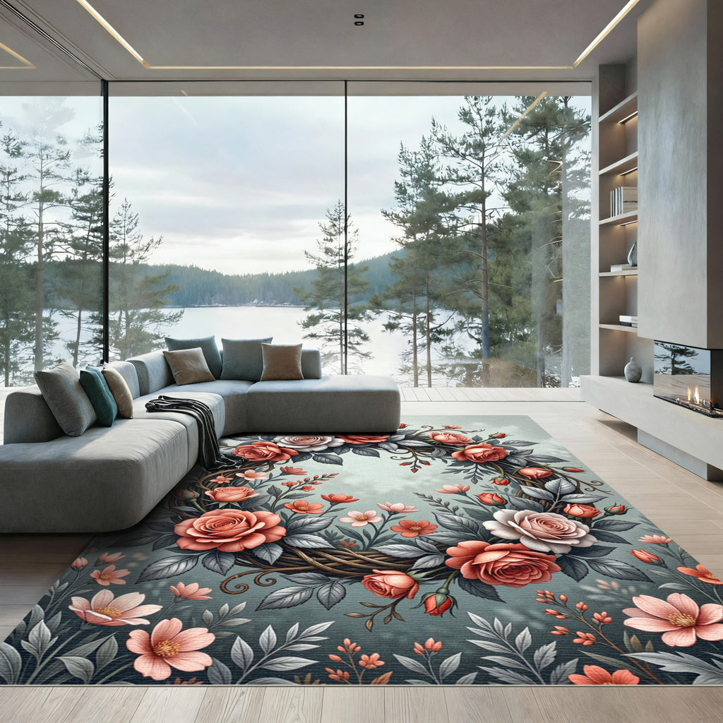 Elegant Peach Rose Wreath Illustration Rug