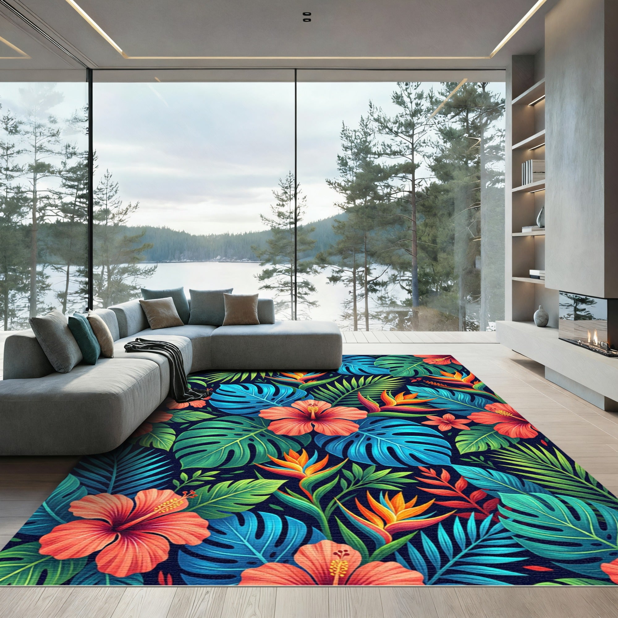 Vibrant Tropical Hibiscus and Monstera Leaves Rug