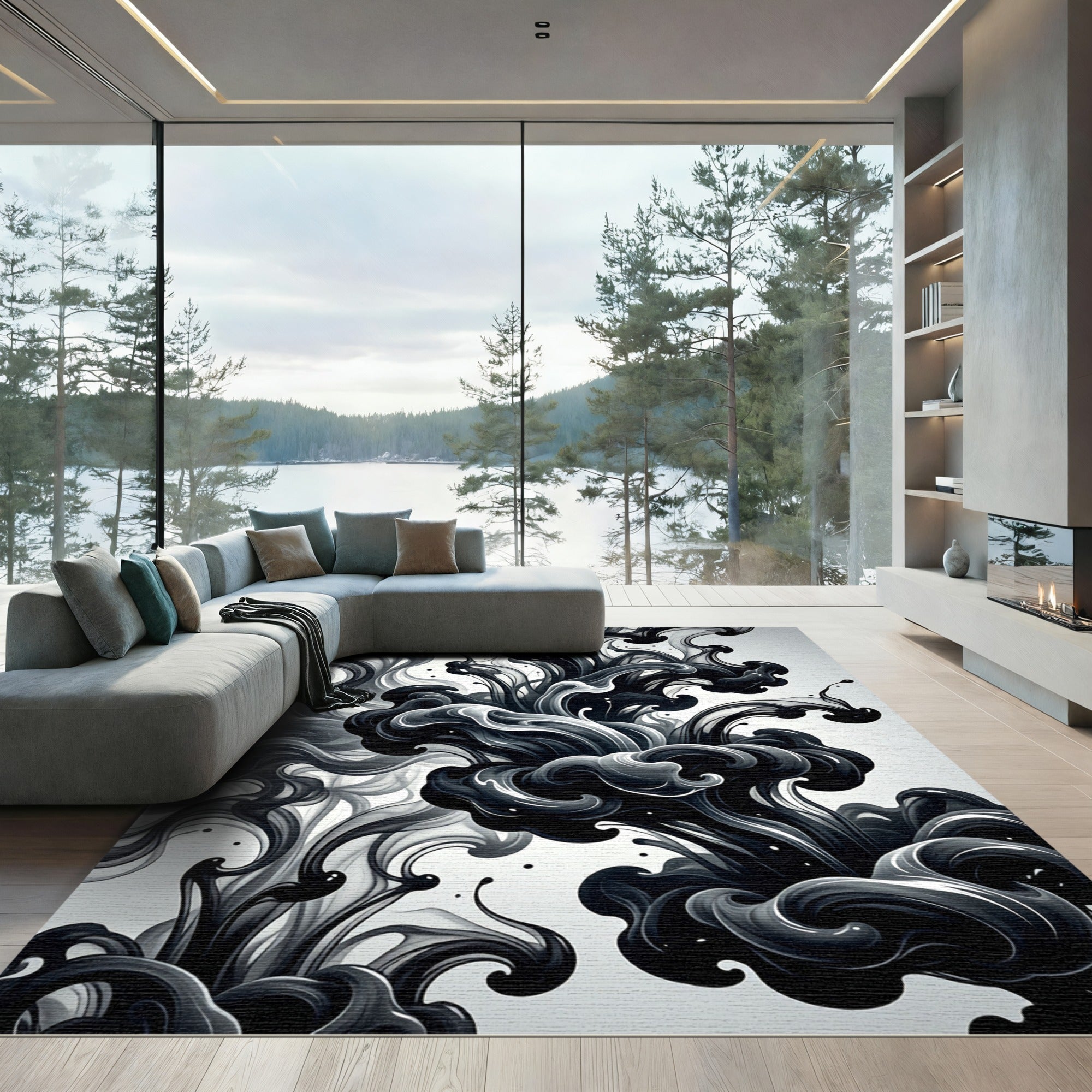 Monochrome Ink Swirl Abstract Composition Rug